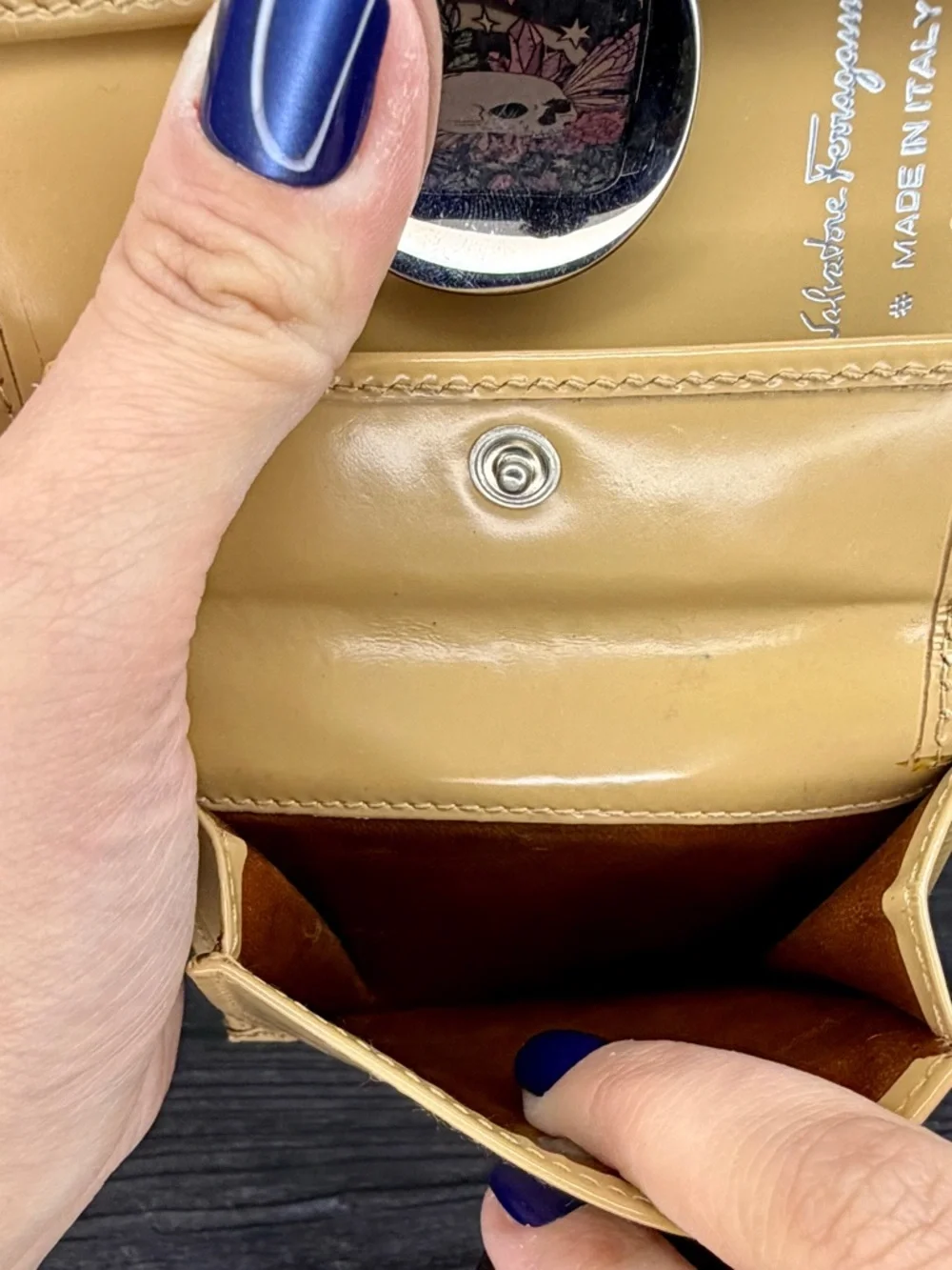 Salvatore Ferragamo Tan Patent Leather Gancini Trifold Wallet